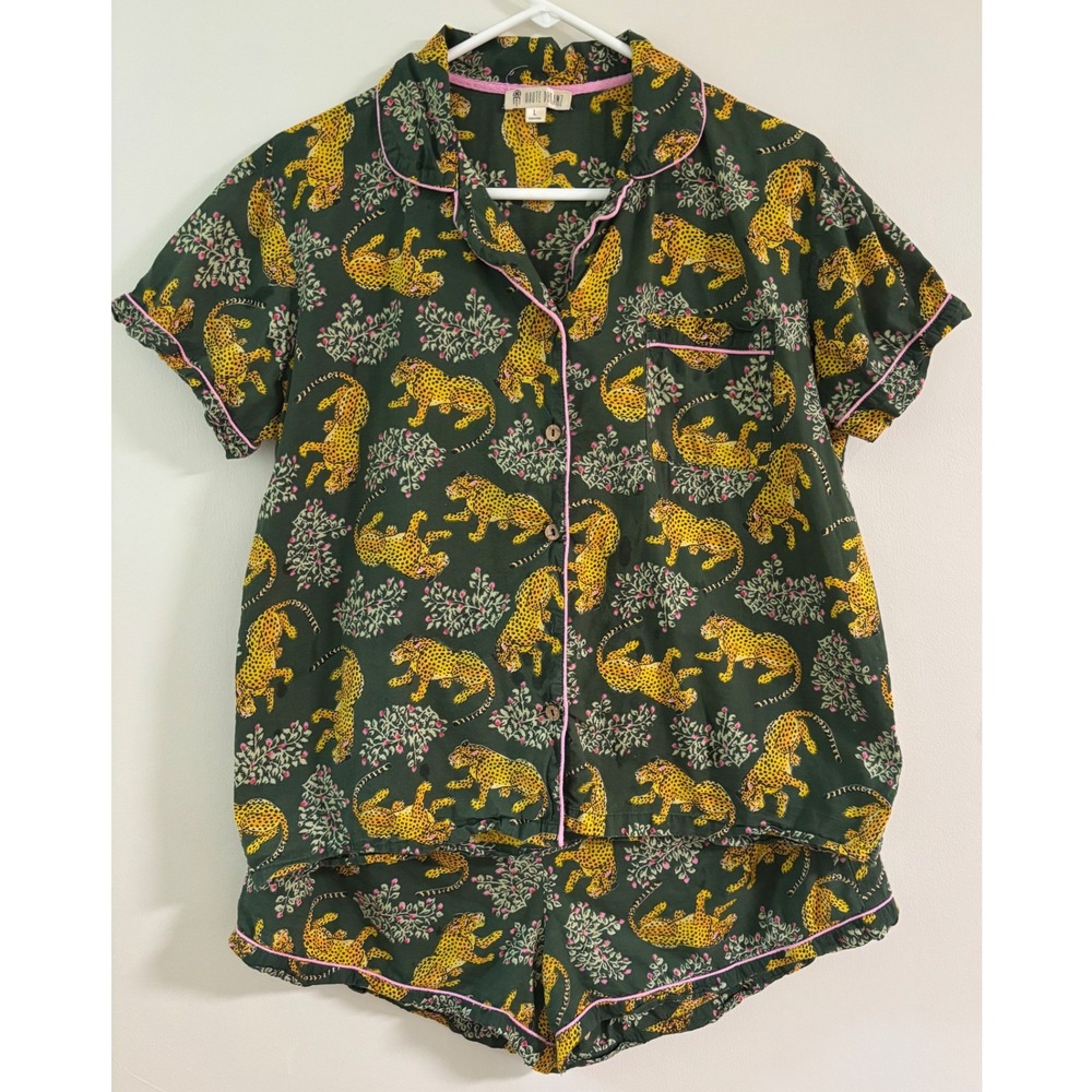 Haute Dreamz Green Leopard Print Cotton Pajama Set Sz. L Boho